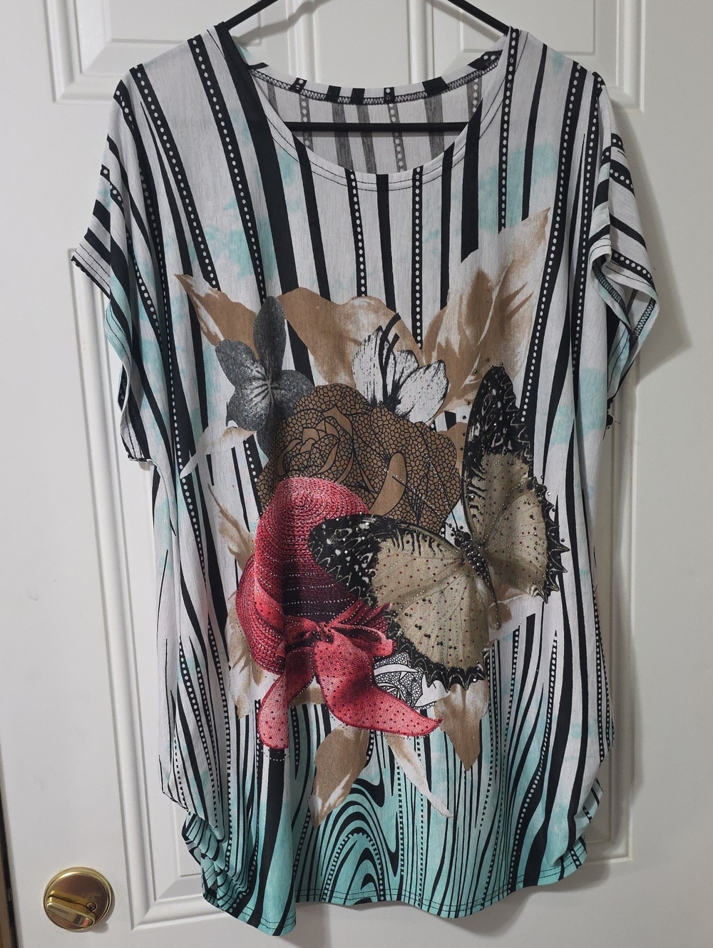 Women’s Striped Floral Butterfly Top - Red Accent